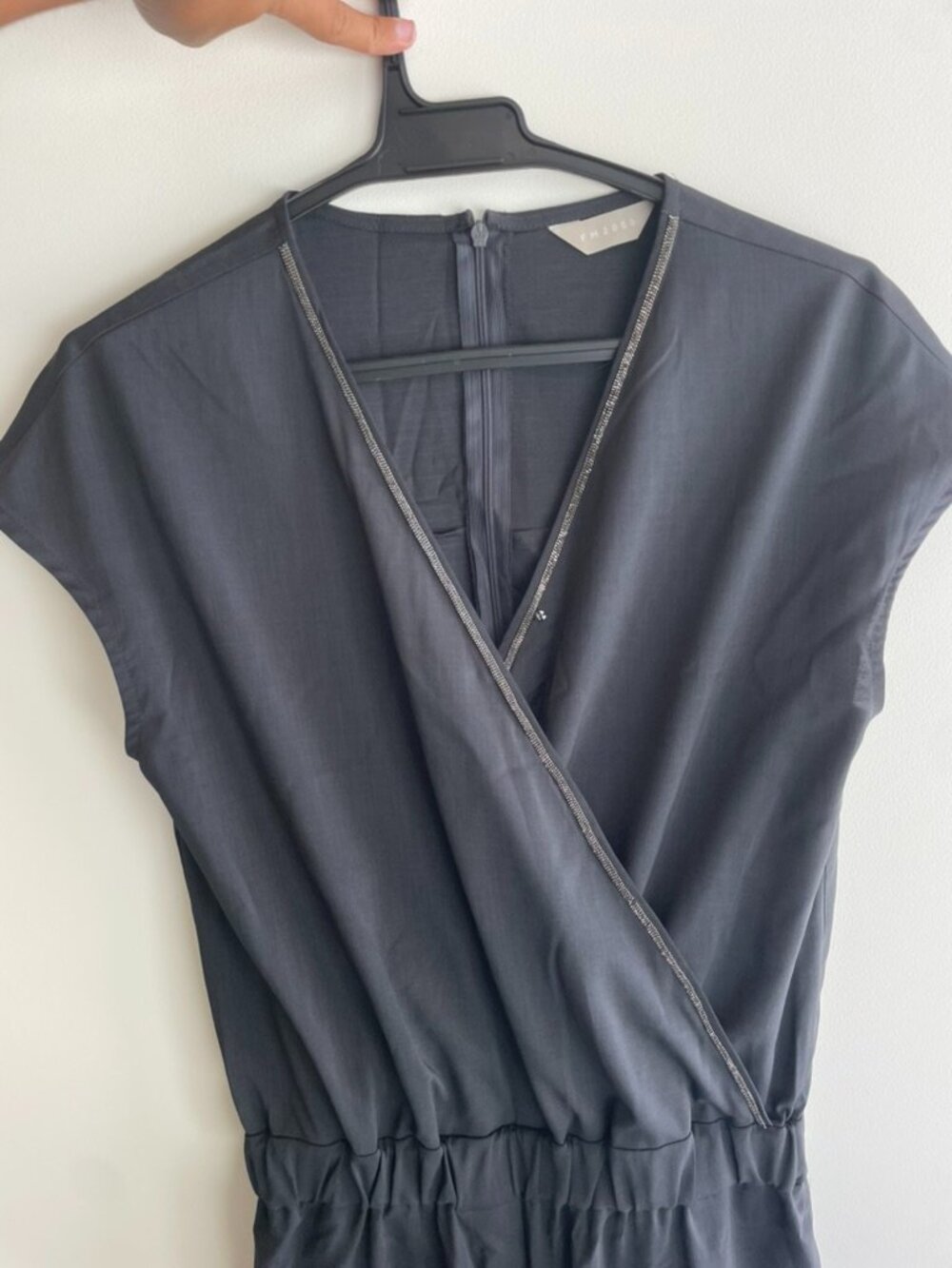 FM2050 Charcoal Gray Wrap Front Jumpsuit Silver Metallic Trim